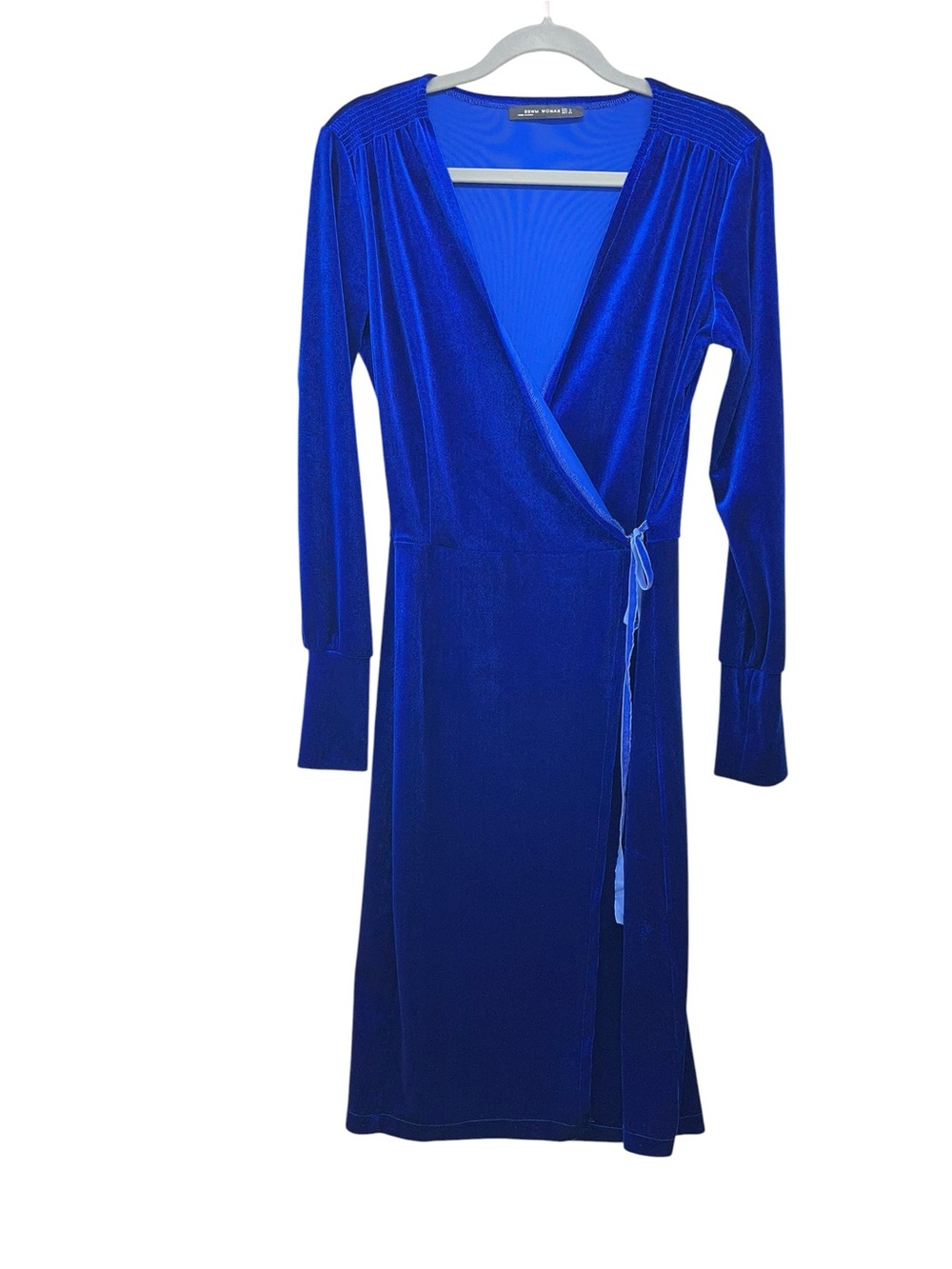 BBWM Woman Blue Velour Velvet Long Sleeeve Midi Wrap Dress Womens Medium